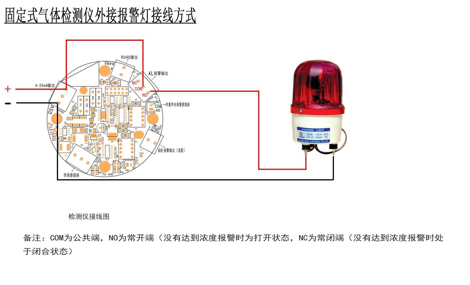 凯时娱乐固定式气体检测仪继电器输出接报警灯接线方法.jpg